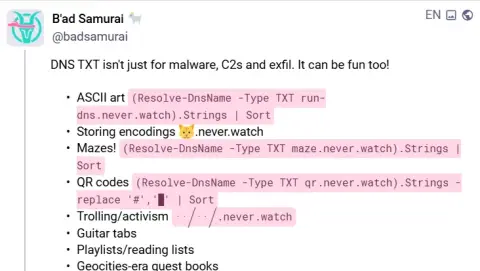 Screenshot used in the talk for DNS TXT toys