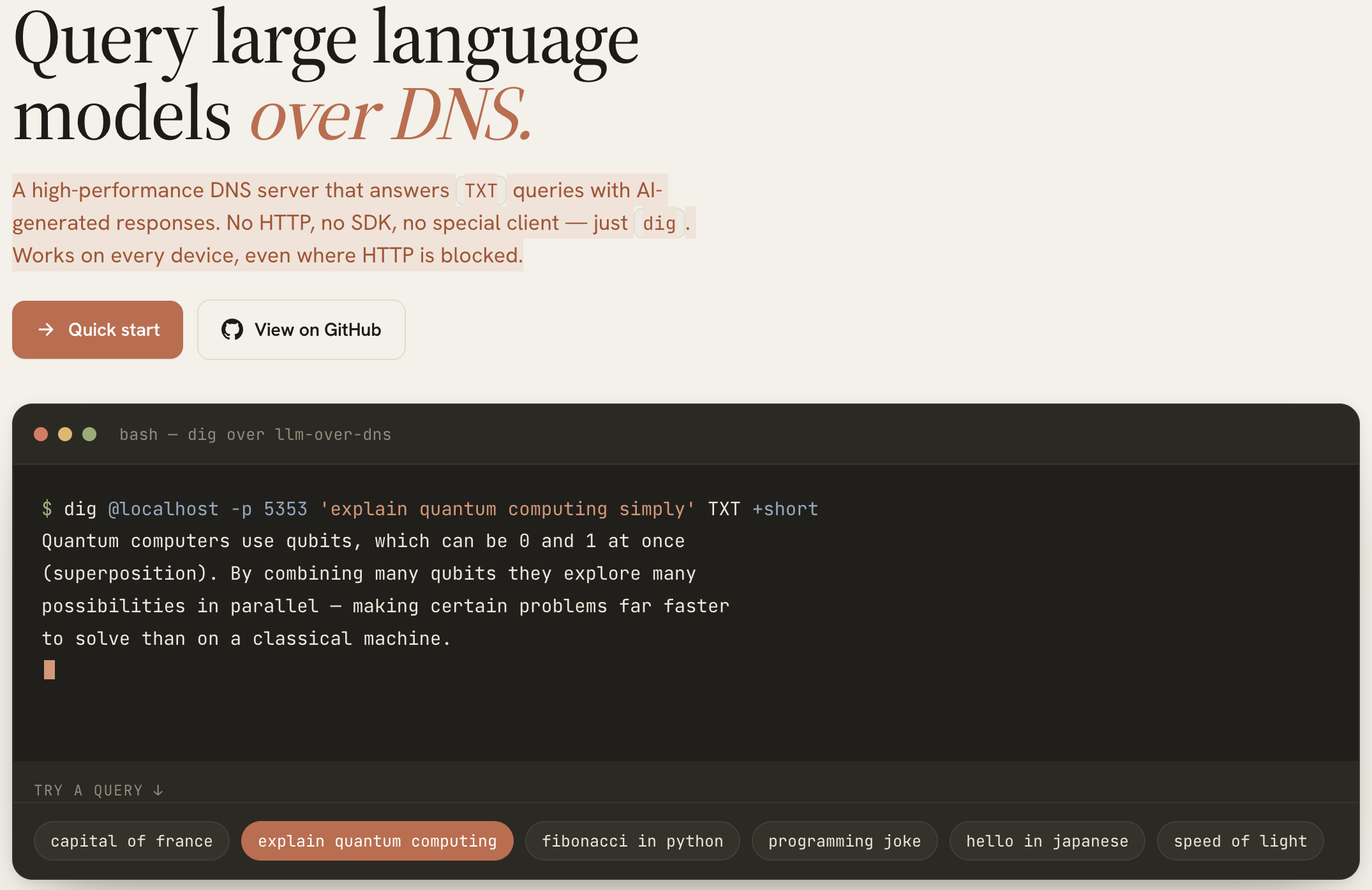 Screenshot used in the talk for LLM over DNS
